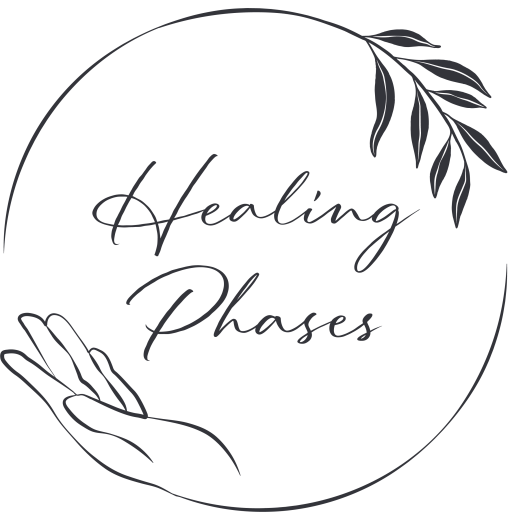 Logo with the words "Healing Phases" in elegant script. Encircled by a thin line, a hand at the bottom symbolizes guidance, while a branch with leaves at the top right represents therapy's natural growth. The design is monochromatic.