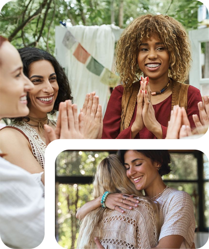 A group of women, guided by a spiritual director, stand in a circle smiling and placing their hands together outdoors; below, two women embrace warmly, both scenes set in natural, sunlit environments.