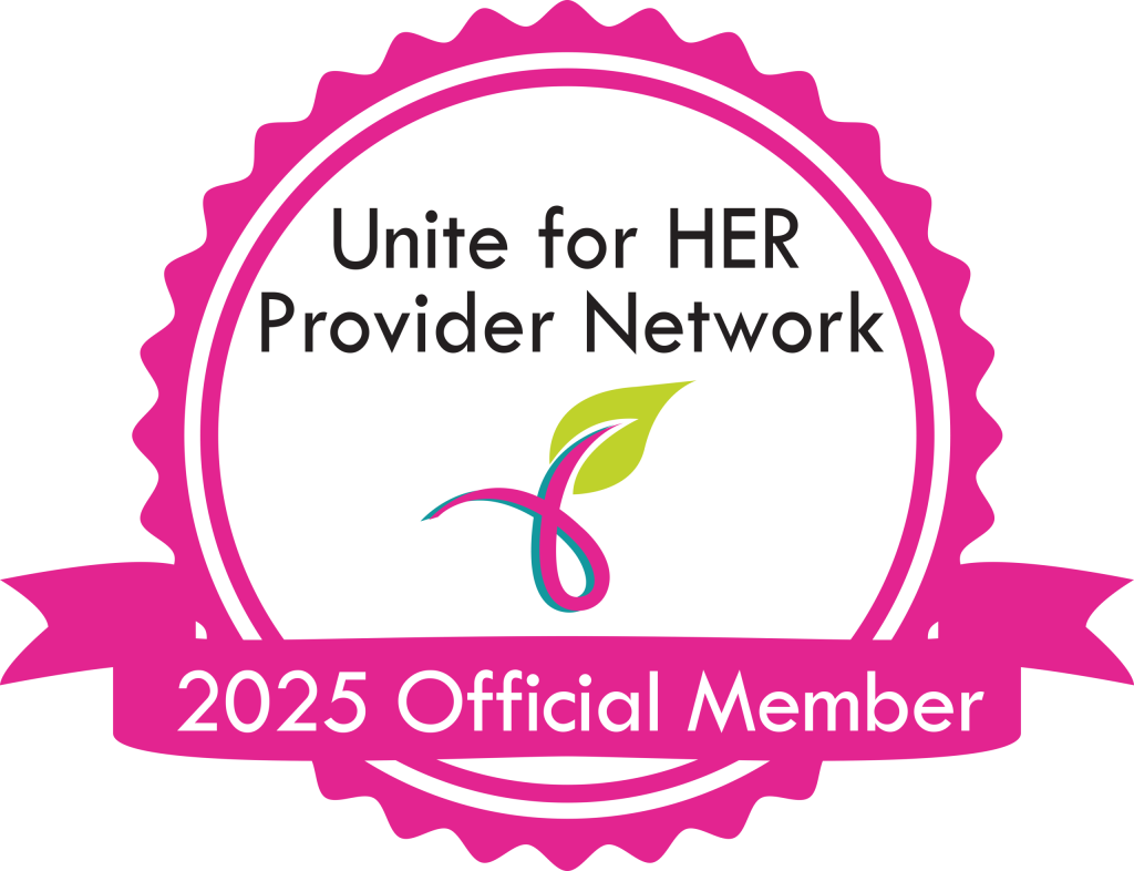 A pink badge with a ribbon reads "Unite for HER Provider Network" above a green and pink leaf logo, and "2025 Official Member" on the ribbon at the bottom.