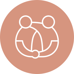 A simple white line drawing of two people embracing in a hug, set against a circular, muted peach background—perfect for representing Healing Phases at a Wellness Center.