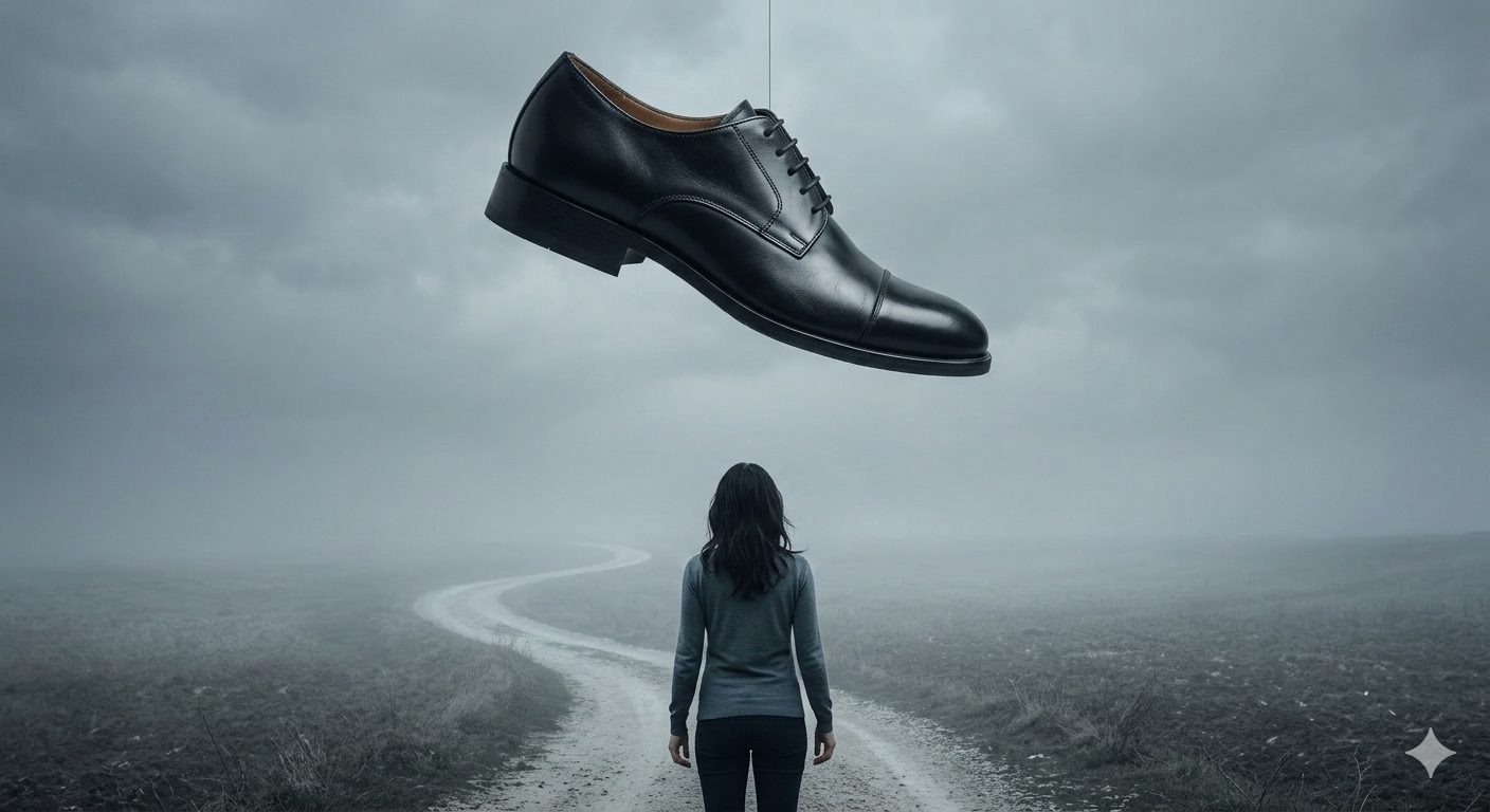person standing on foggy path with a shoe about to drop from above symbolizing anticipatory anxiety and fear that something bad will happen