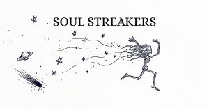A handdrawn skeletal woman running with stars and planets flowing behind her showing how poetry can bring healing down to the bones and create universes 