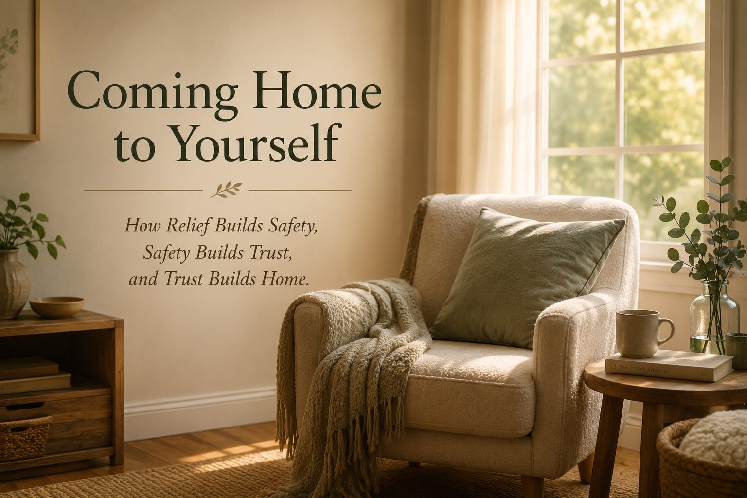 A cozy armchair beside a sunlit window in a warm, inviting room. The image features the title "Coming Home to Yourself" and conveys a sense of rest, comfort, and self-reflection.